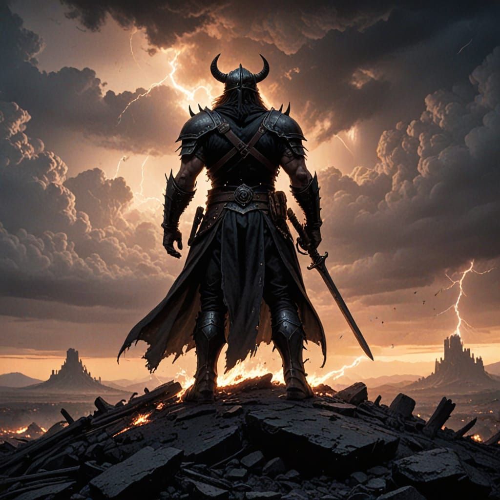 Lone Warrior in Fiery Battlefield Concept Art