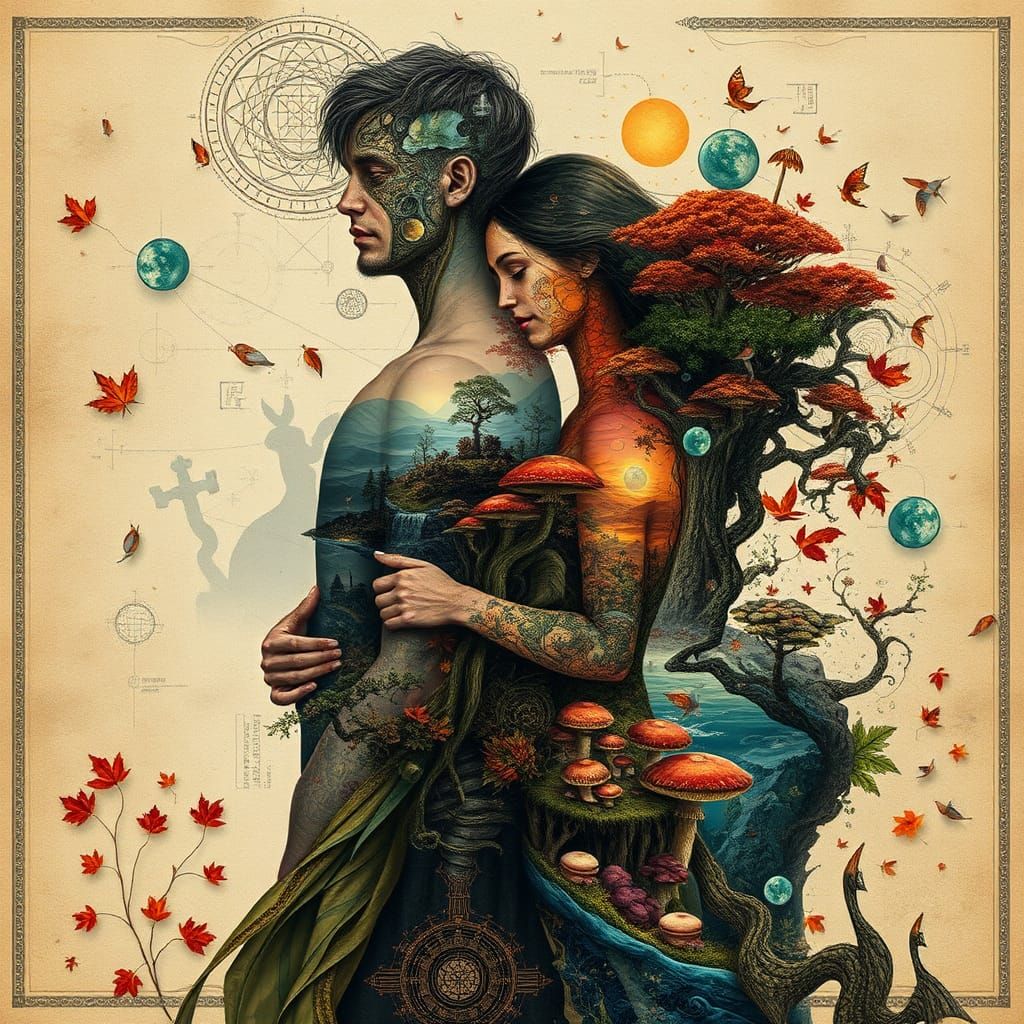 Ethereal Autumn Paper Collage of Intertwined Figures