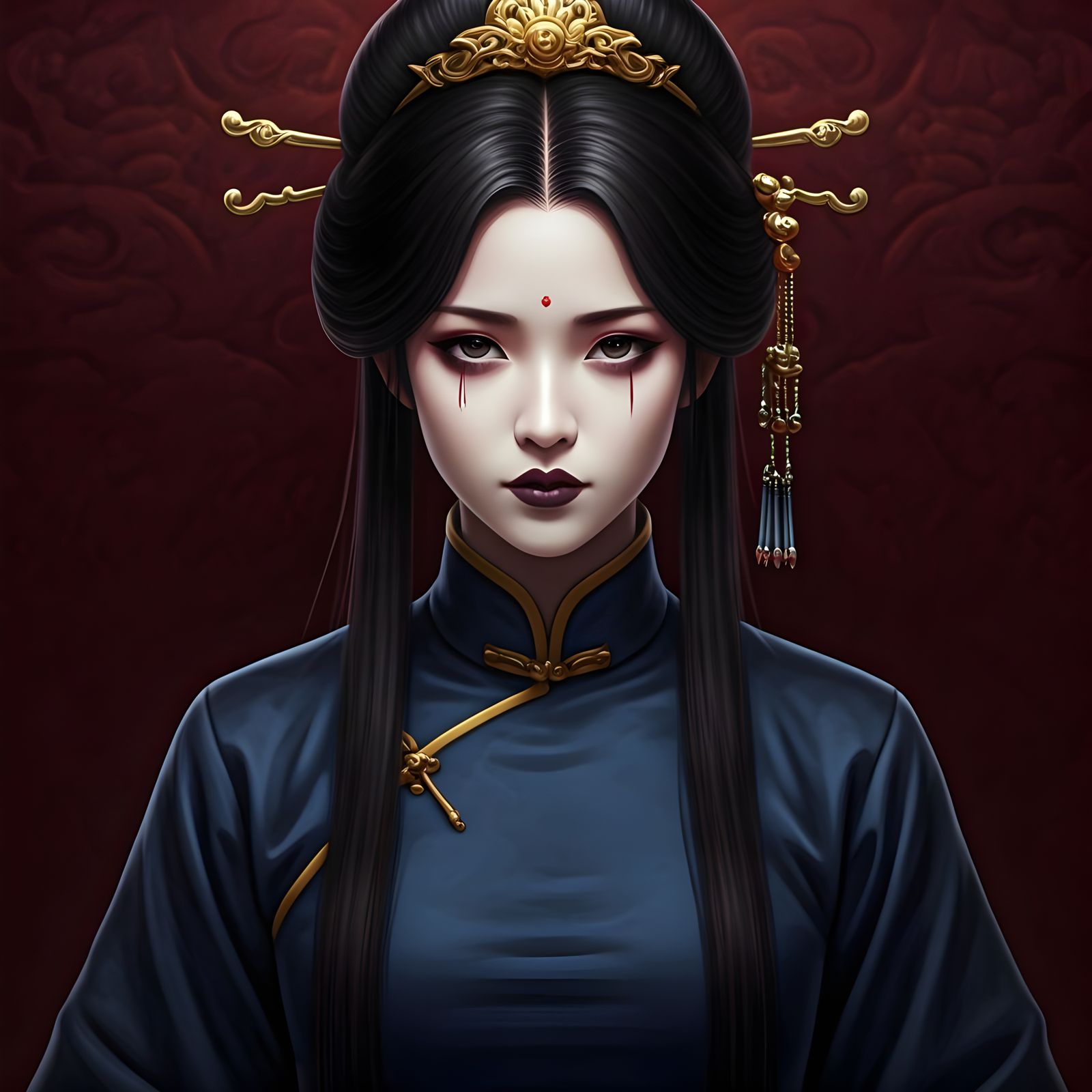 Chinese Princess in Dark Blue Qipao with Geisha Goth Makeup