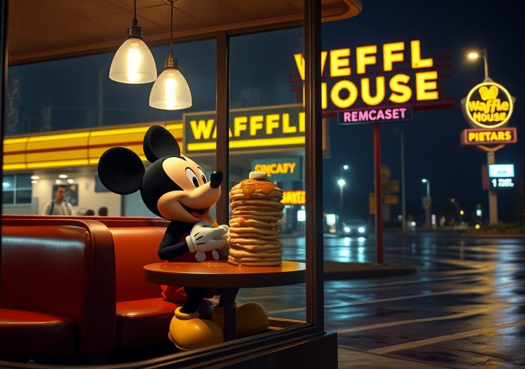 Mickey Mouse at Waffle House: Retro Diner Scene