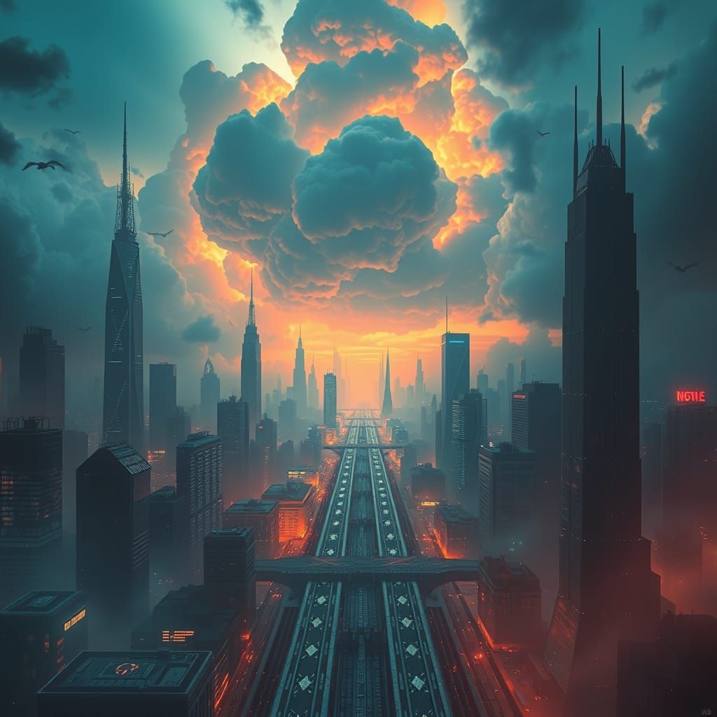 Cyberpunk Cityscape with Burning Skies