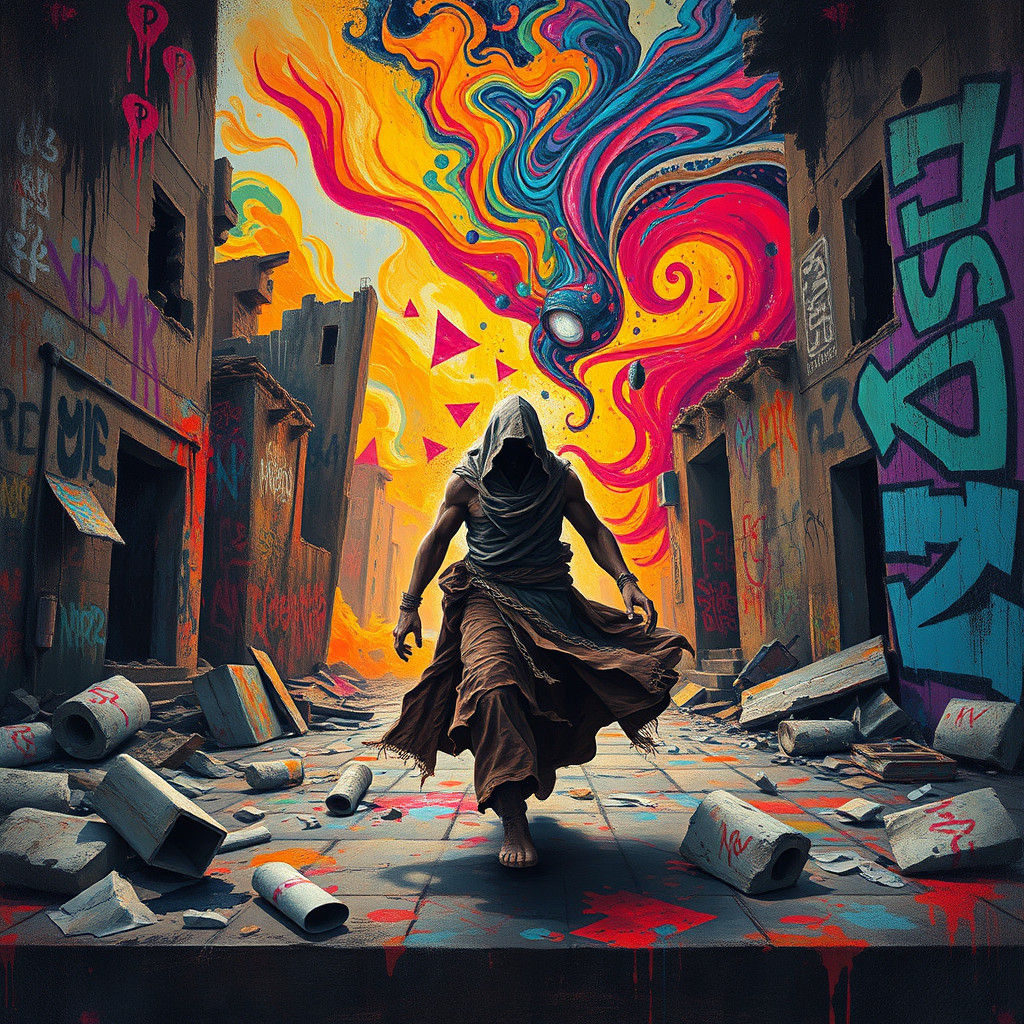 Ancient Fugitive in Crumbling Cityscape, Graffiti Art Style