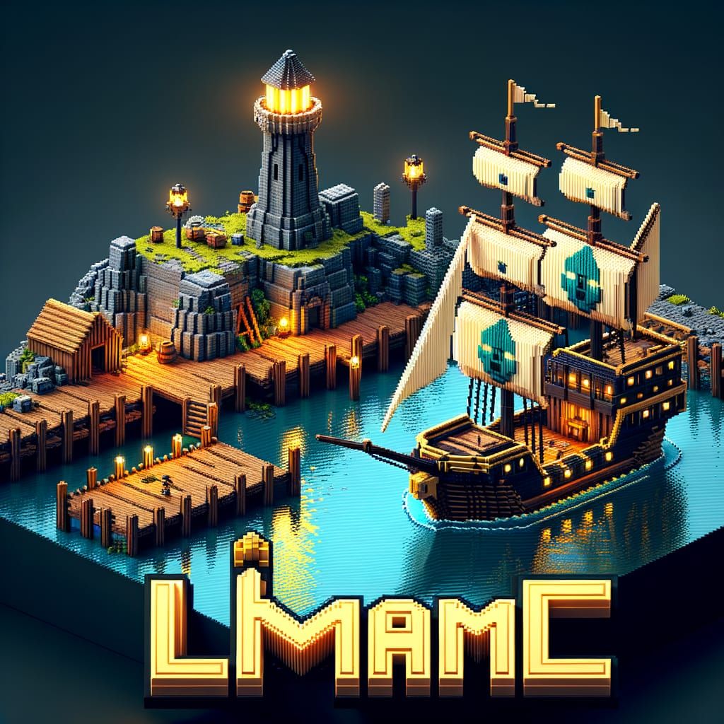 Pixel Art Medieval Harbor with Cubic Ship and Lighthouse Log...