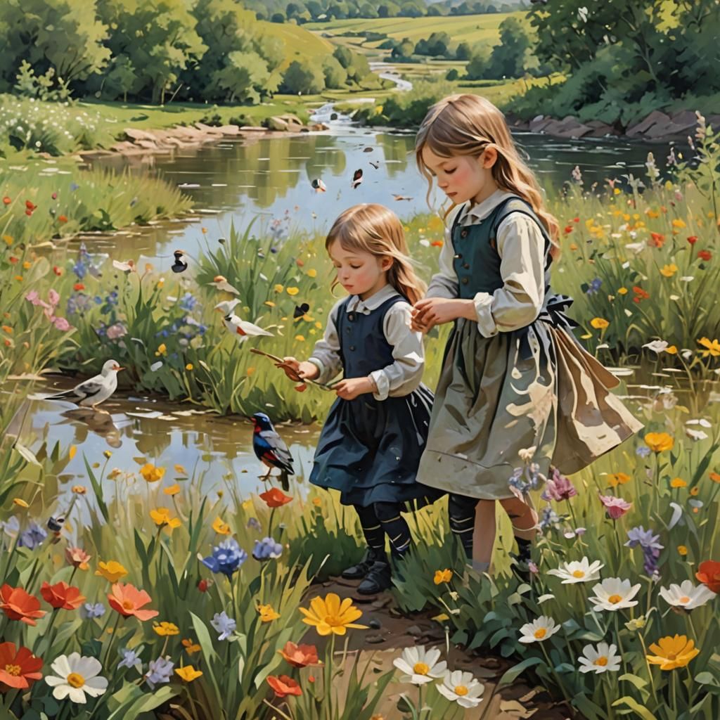 Children Playing in Flower Field, Hyperrealistic Splash Art