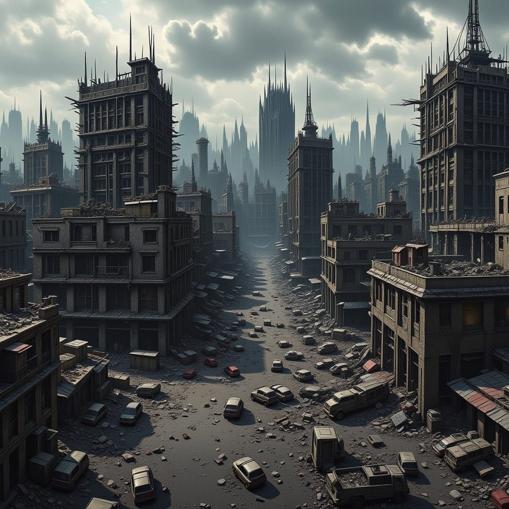 Dystopian Cityscape with Crumbling Buildings and Poverty