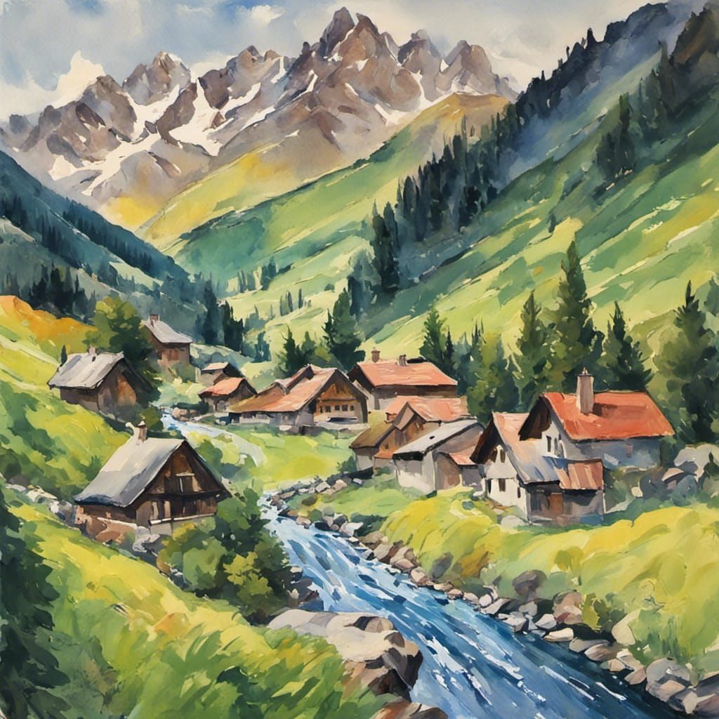 Swiss Alpine Valley in Gouache Style, 8K