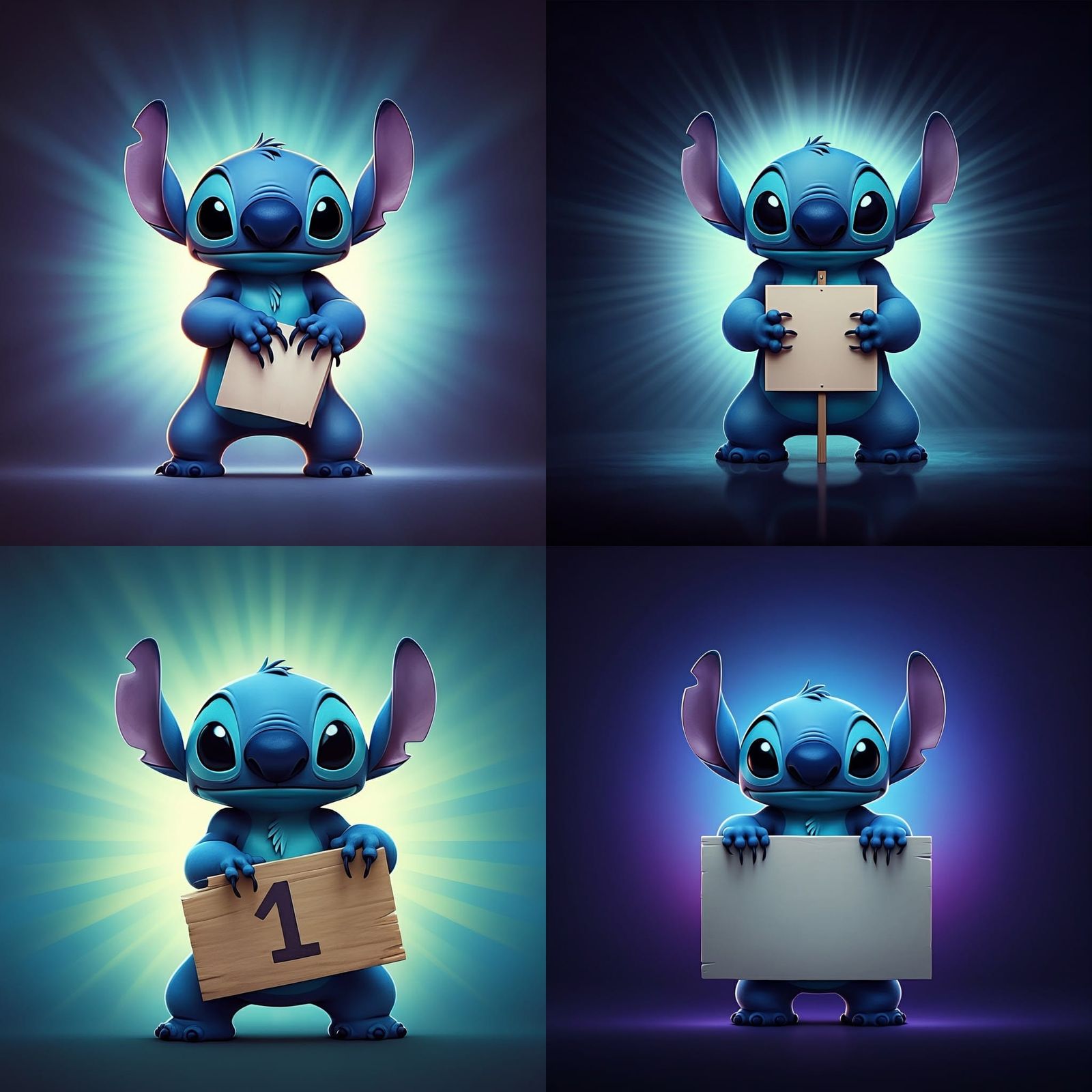Stitch Holding Sign: Pixar-Style 3D Rendering