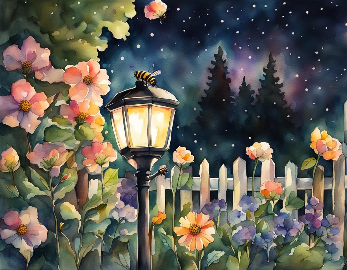 Watercolor Night Garden with Bee and Lamplight