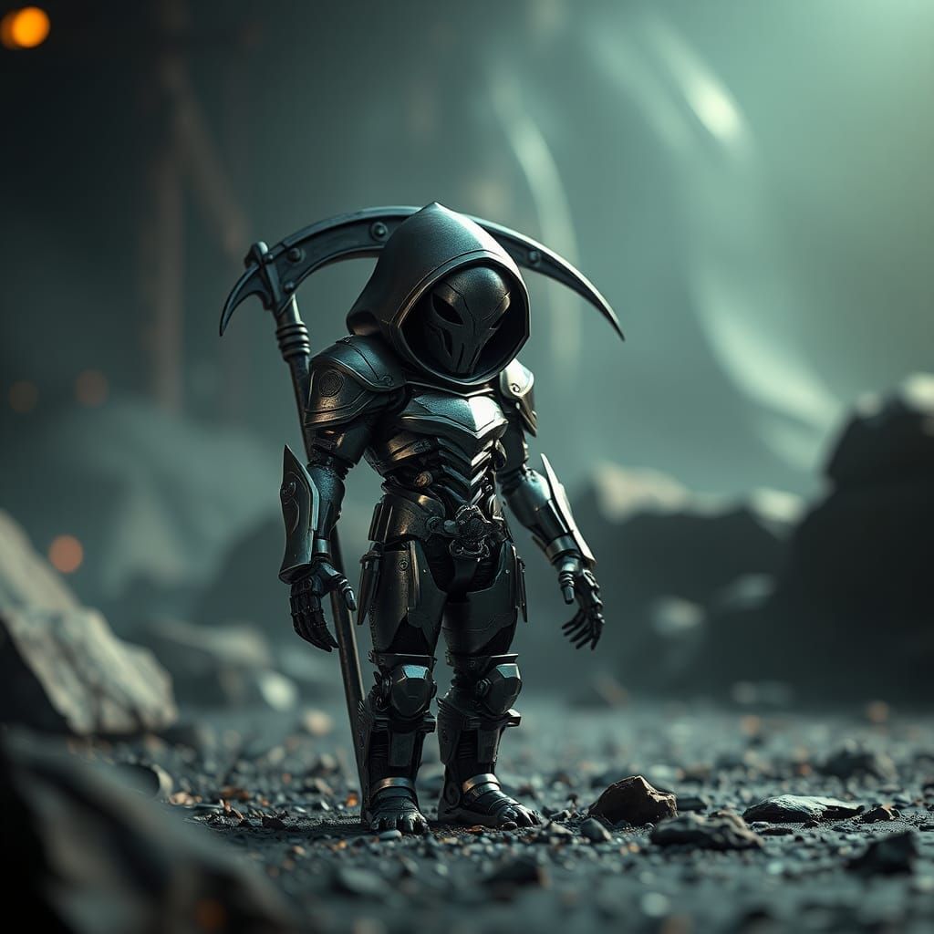 Armored Little Reaper Scanning for Souls in Sci-Fi Scene