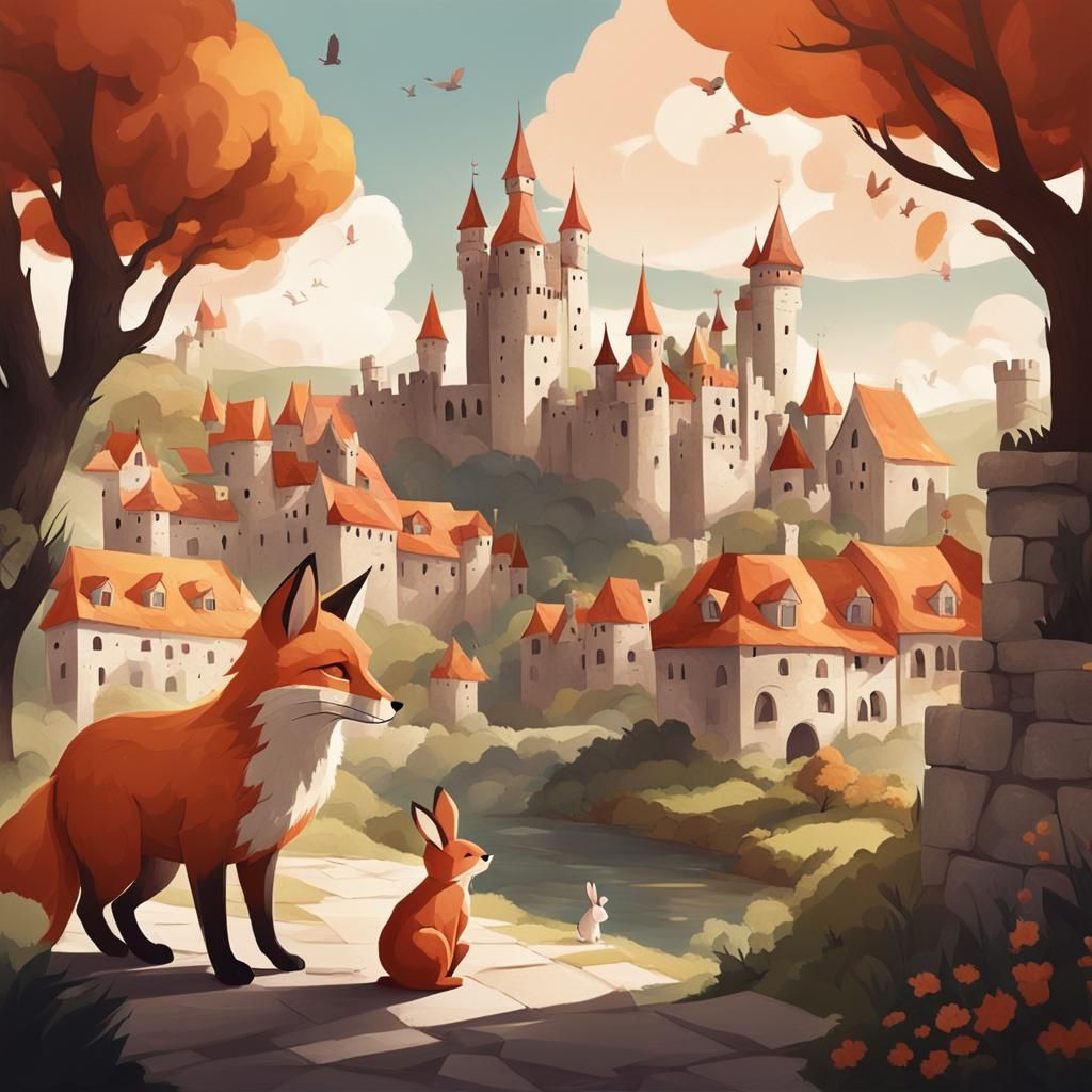 Fox and Bunnies Gaze at Art Deco Castle