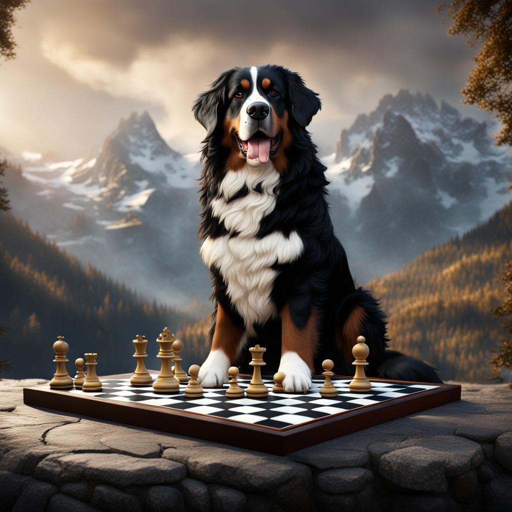 Bernese Mountain Dogs Play Chess: Detailed Matte Painting