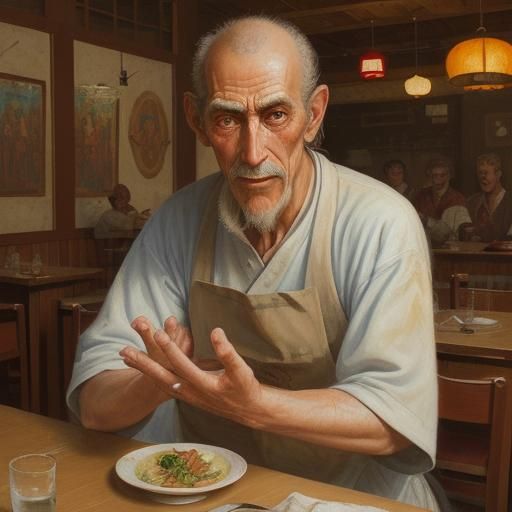 Surreal Handless Man in Restaurant, Oil Painting