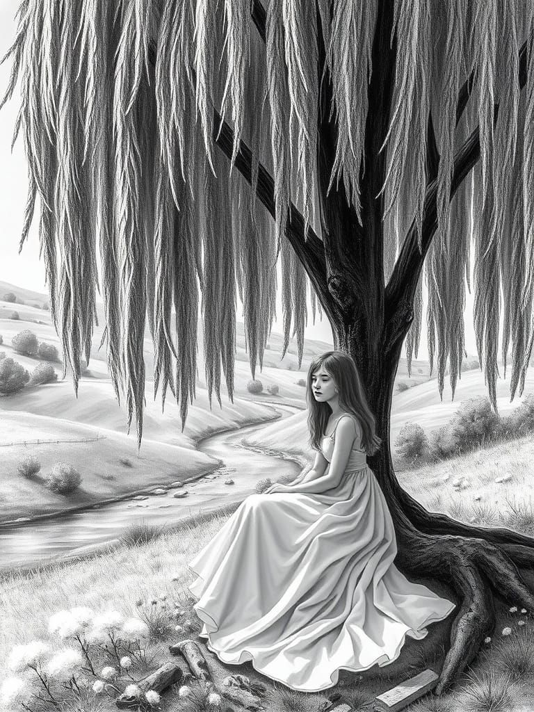 Weeping Girl in Grayscale Forest, Expressive Sadness