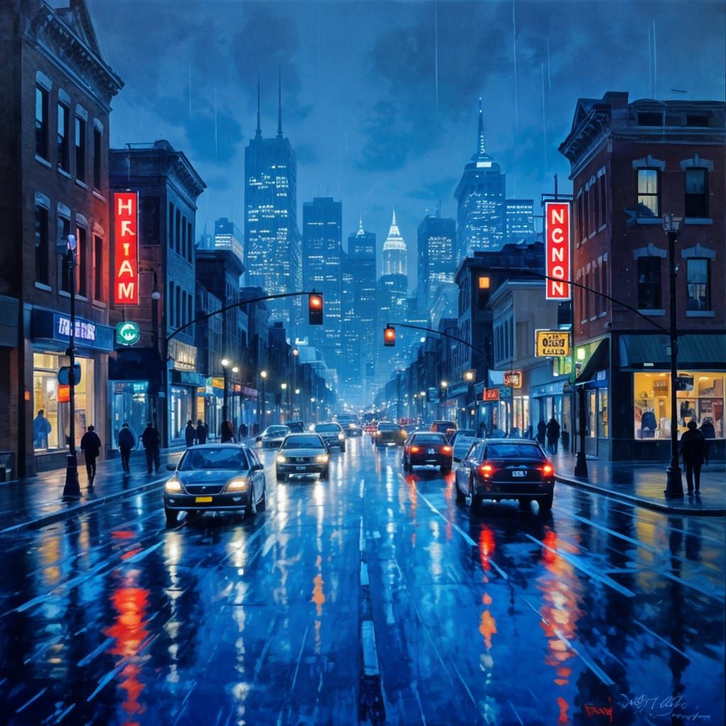 Rainy Night Downtown: An Atmospheric Watercolor Painting