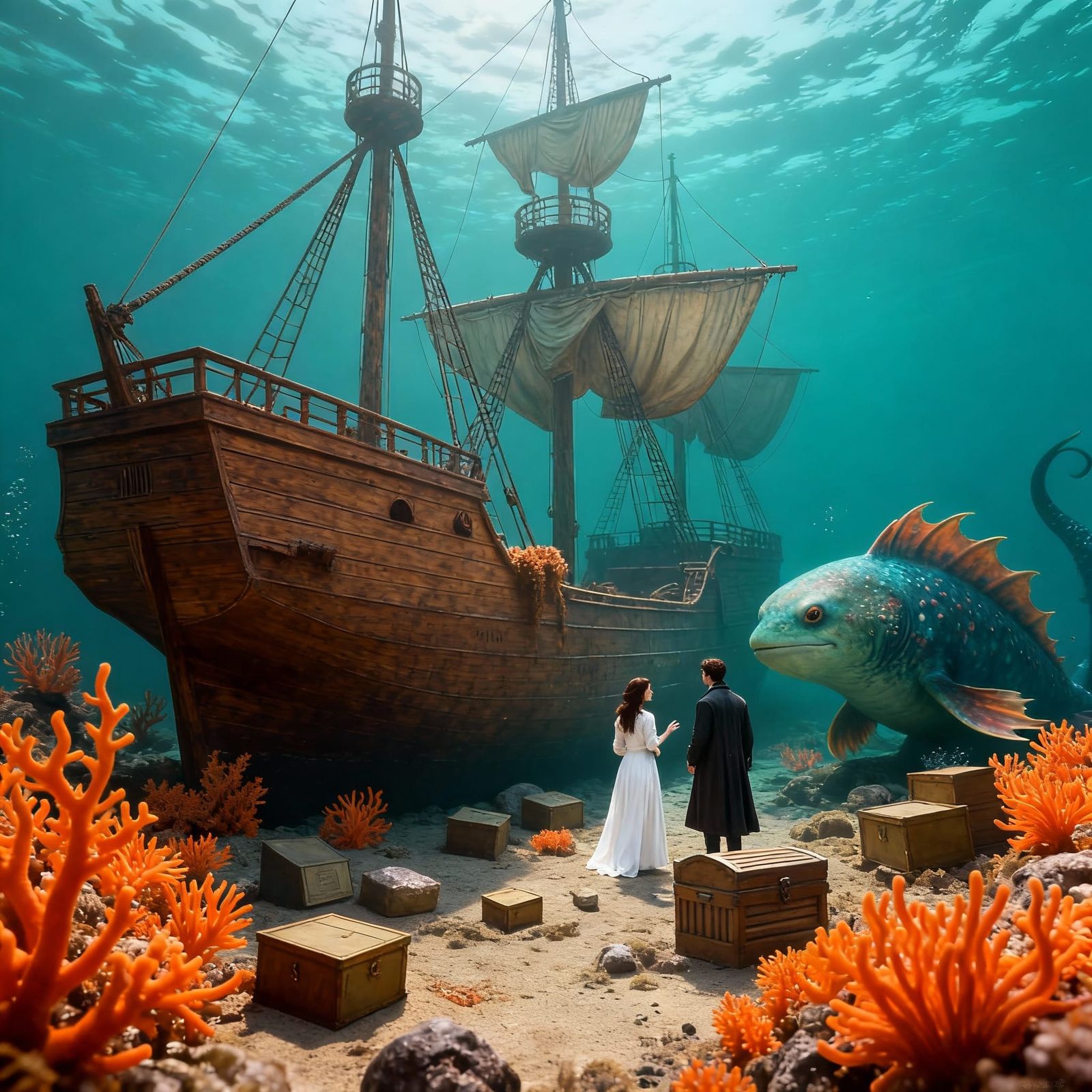 Couple Talks to Mermaid Underwater by Ship