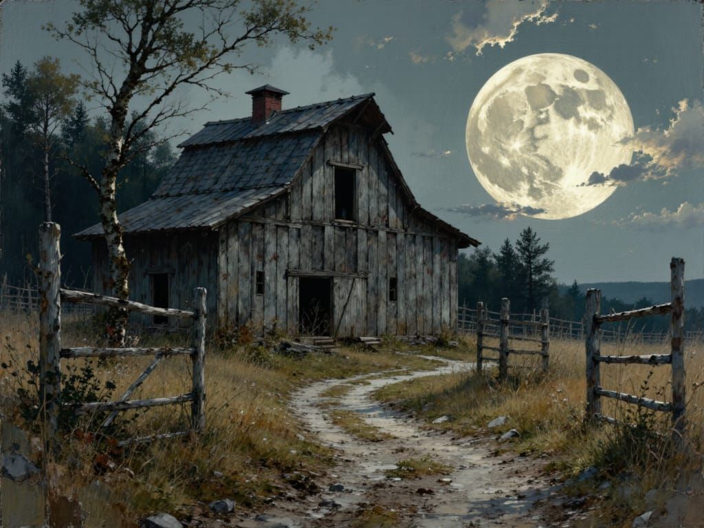 Moonlit Night Over Old Barn in Digital Painting Style