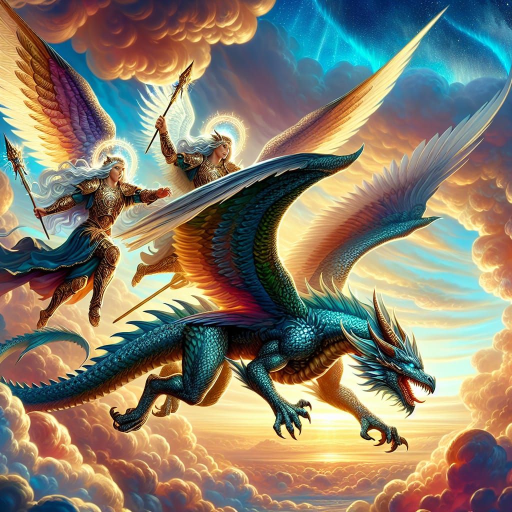 Angels Chase Dragon in Epic Fantasy Sky