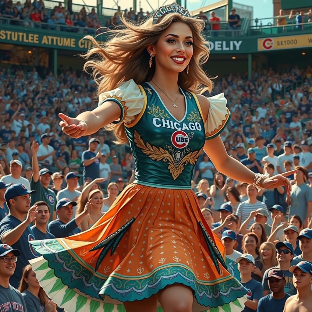 Chicago cubs cheerleader entertaining a baseball crowd in the Wrigley field ballpark