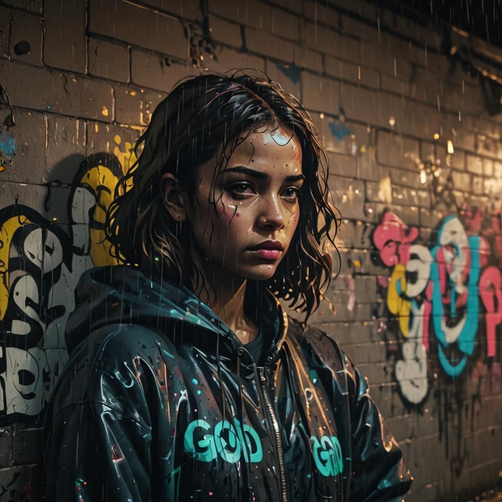 Vibrant Street Art on a Rainy Night