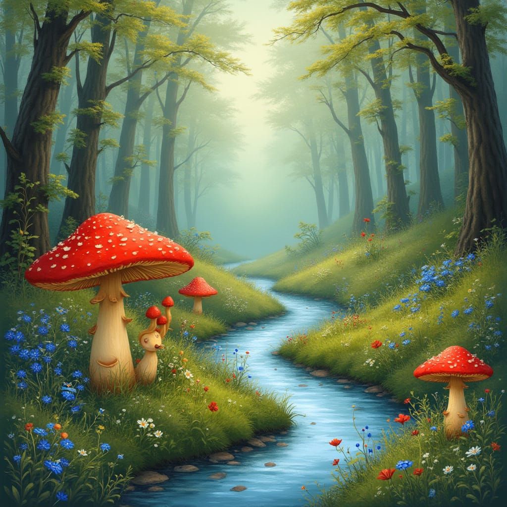 Whimsical Meadow Scene with Red Mushrooms and Blue Blooms