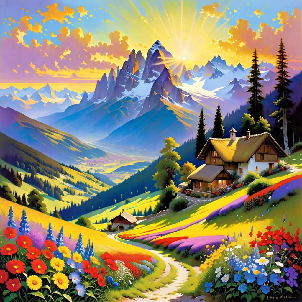 Alpine Sunset Landscape with Wildflowers