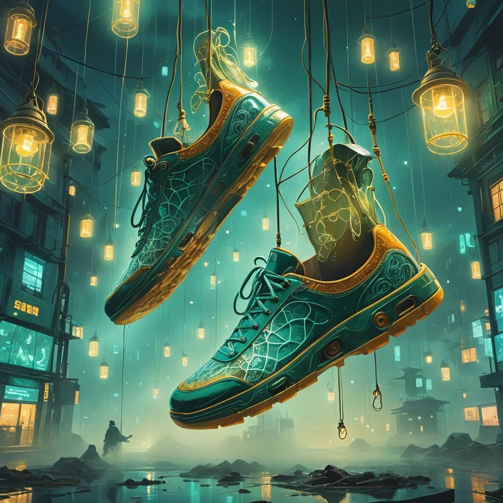 Glowing Mystical Shoes in Glass Encasement