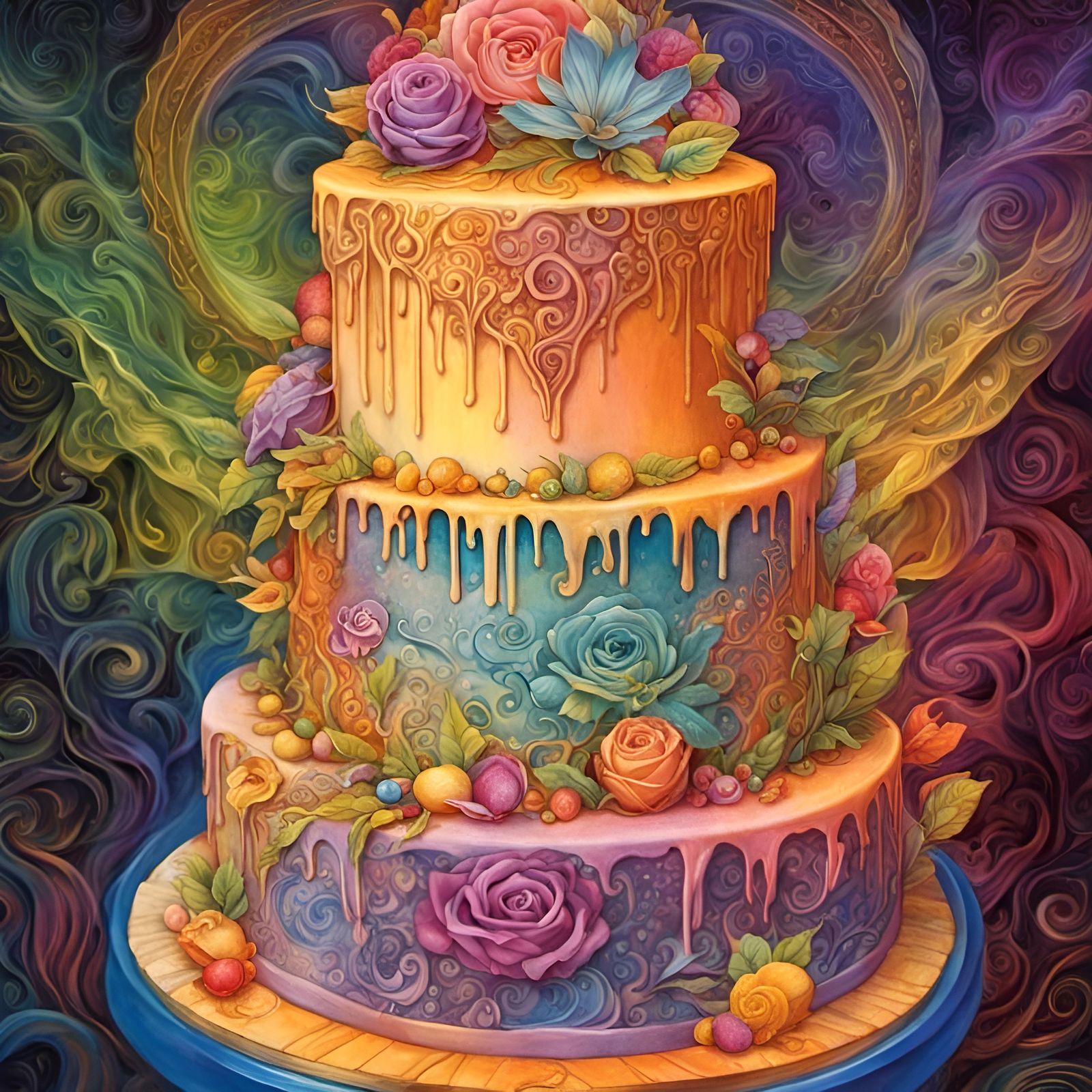 Ornate Rainbow Wedding Cake, Digital Art