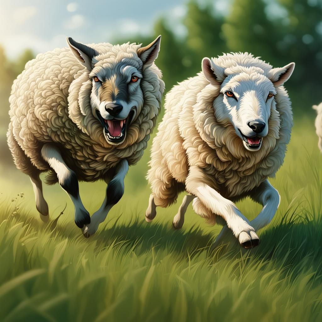 Sheep Chase Wolf in Hyperrealistic Field