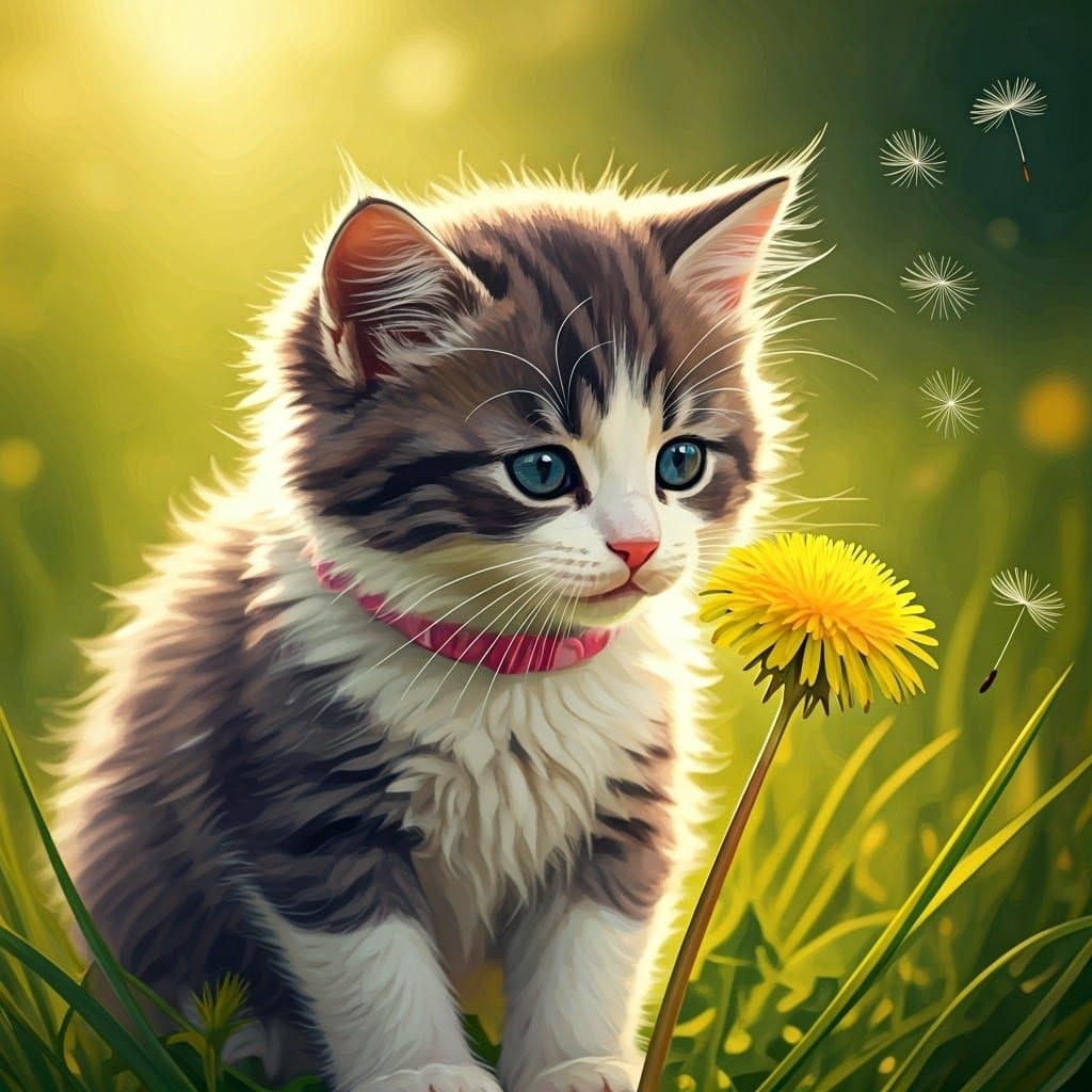 Kitten Sniffs Dandelion in Whimsical Children's Illustration