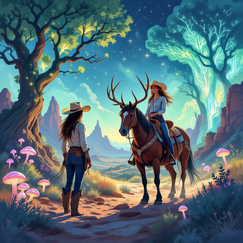 Cowgirl in Bioluminescent Fungi World