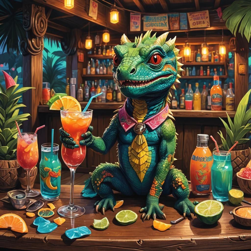 Cute Draco Lizard at Tiki Bar, Hyper-realistic Macro Shot