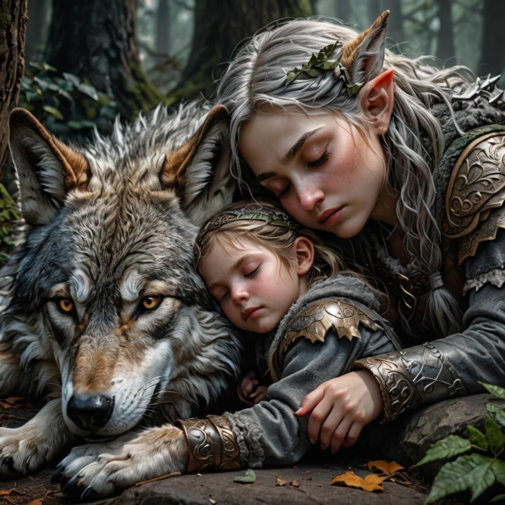 Young Female Elf Child Sleeping Safely with a Loyal Grey Wol...