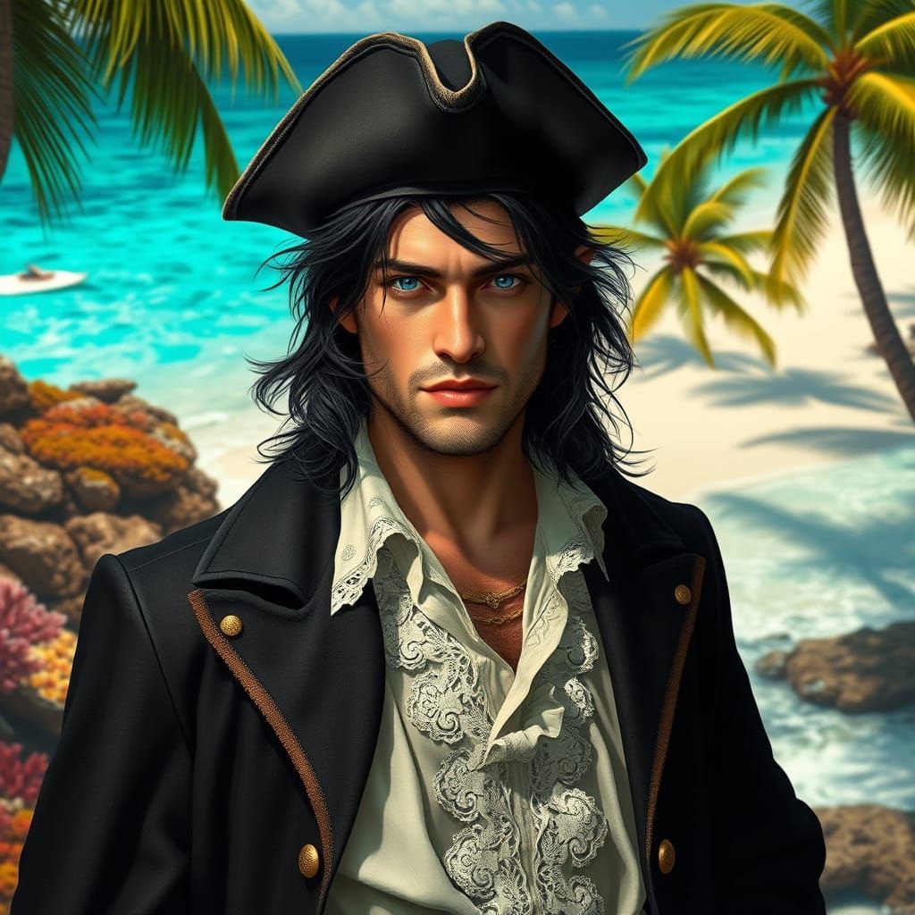 Elegant Half-Elf on Tropical Beach in Billowy Whites