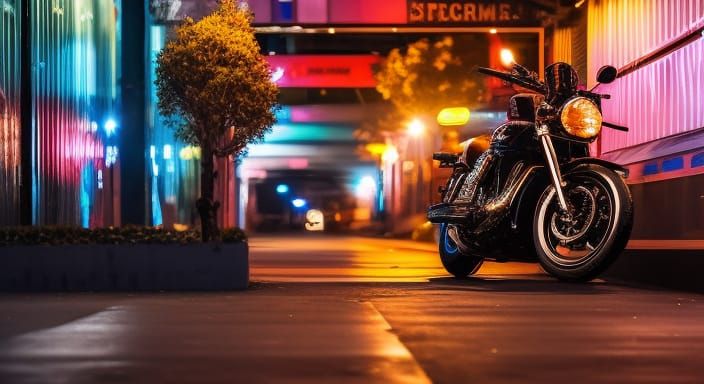 Lady on Motorcycle in Cyberpunk Cityscape