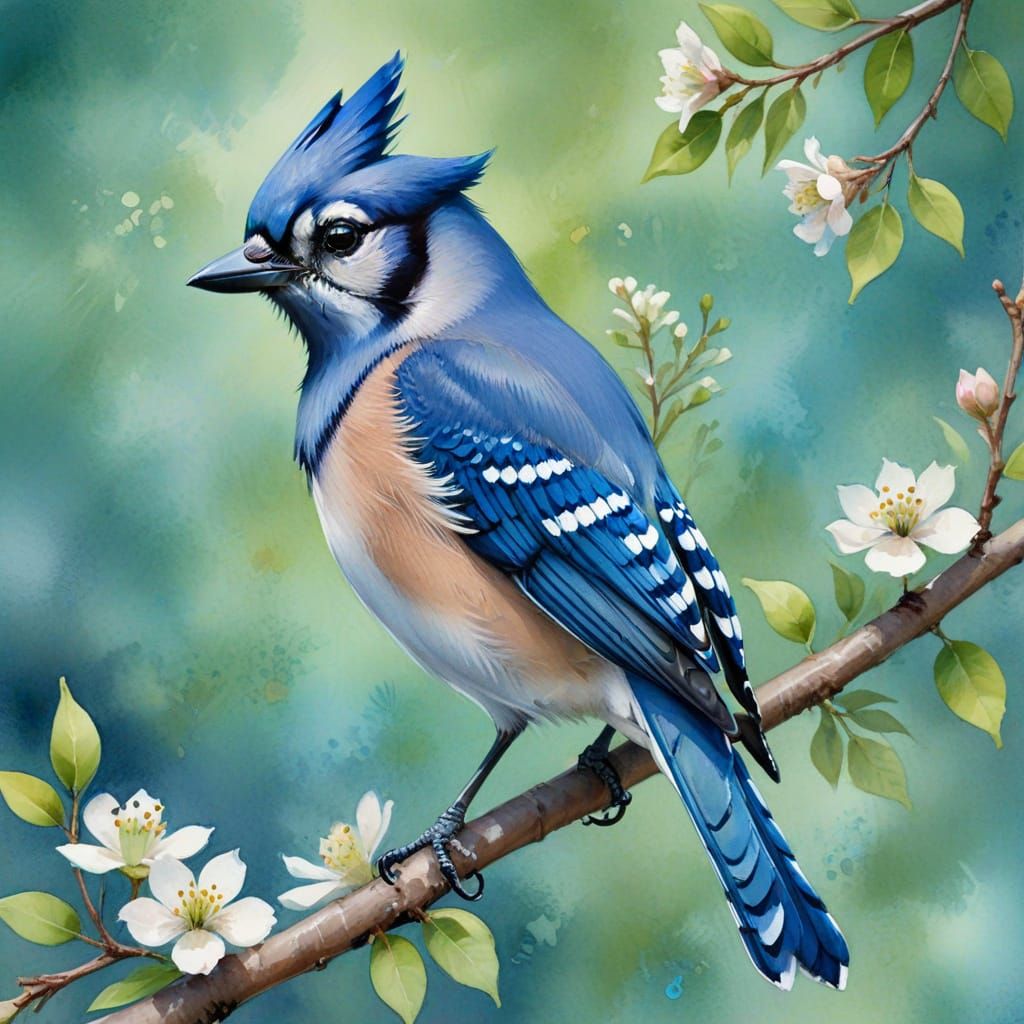 Blue Jay on Blossoms in Watercolor Style