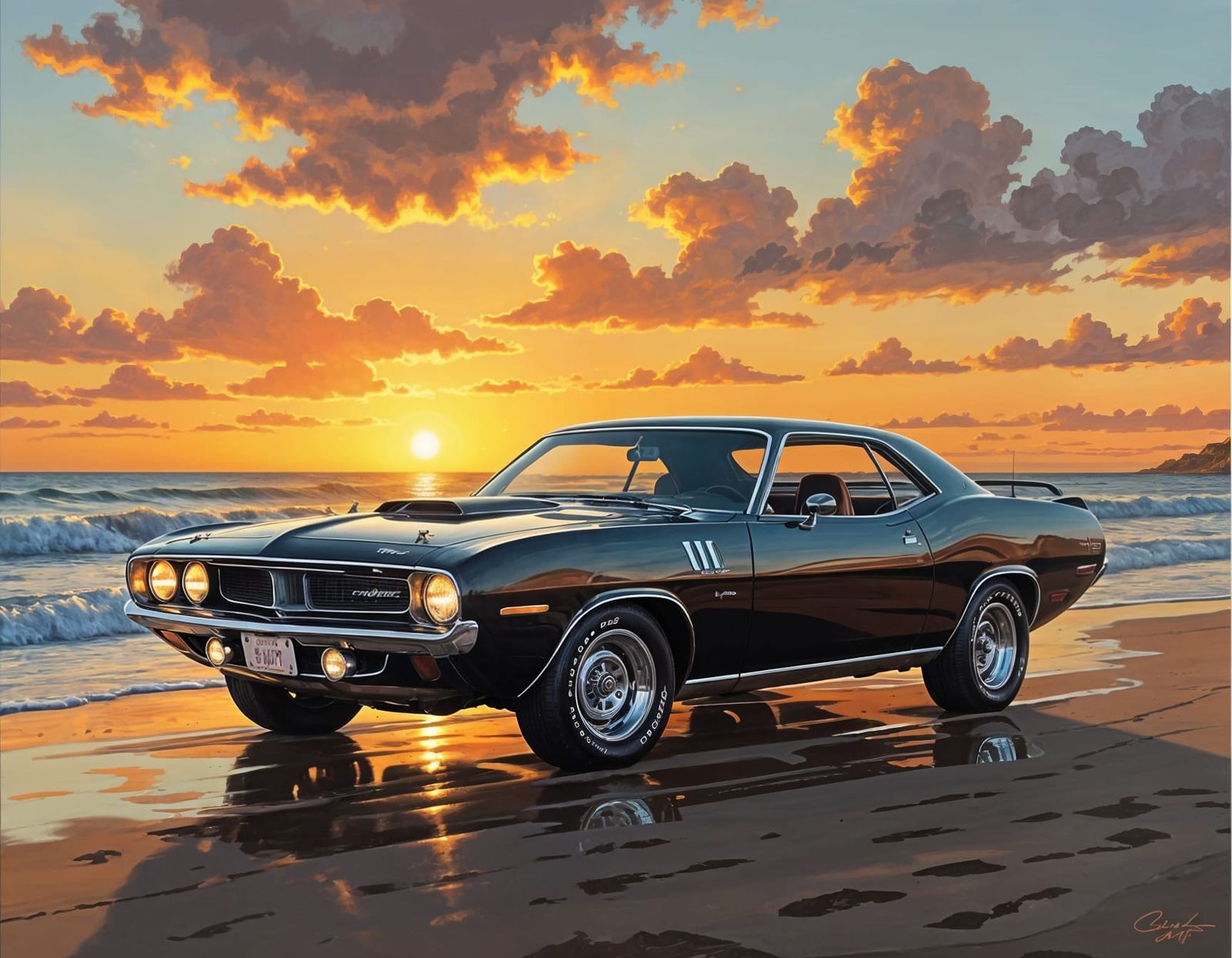 1970 Plymouth Hemi Cuda Beach Sunset Oil Painting