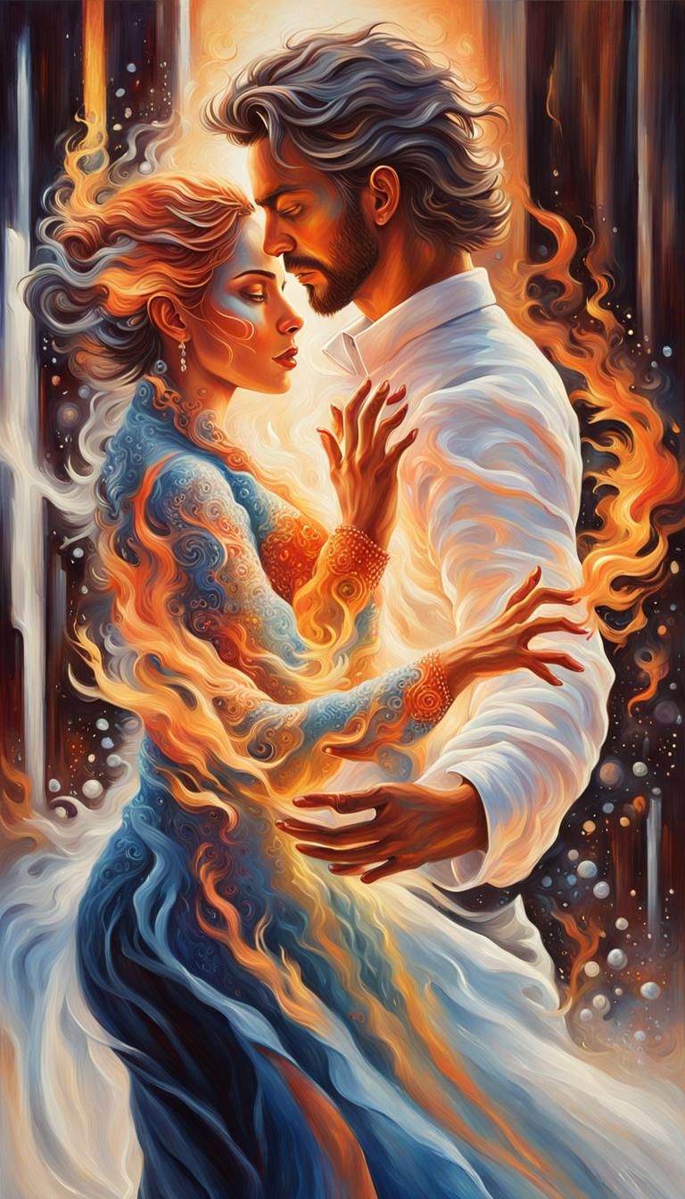 Fire Woman and Ice Man Dance: Impressionistic Oil Painting