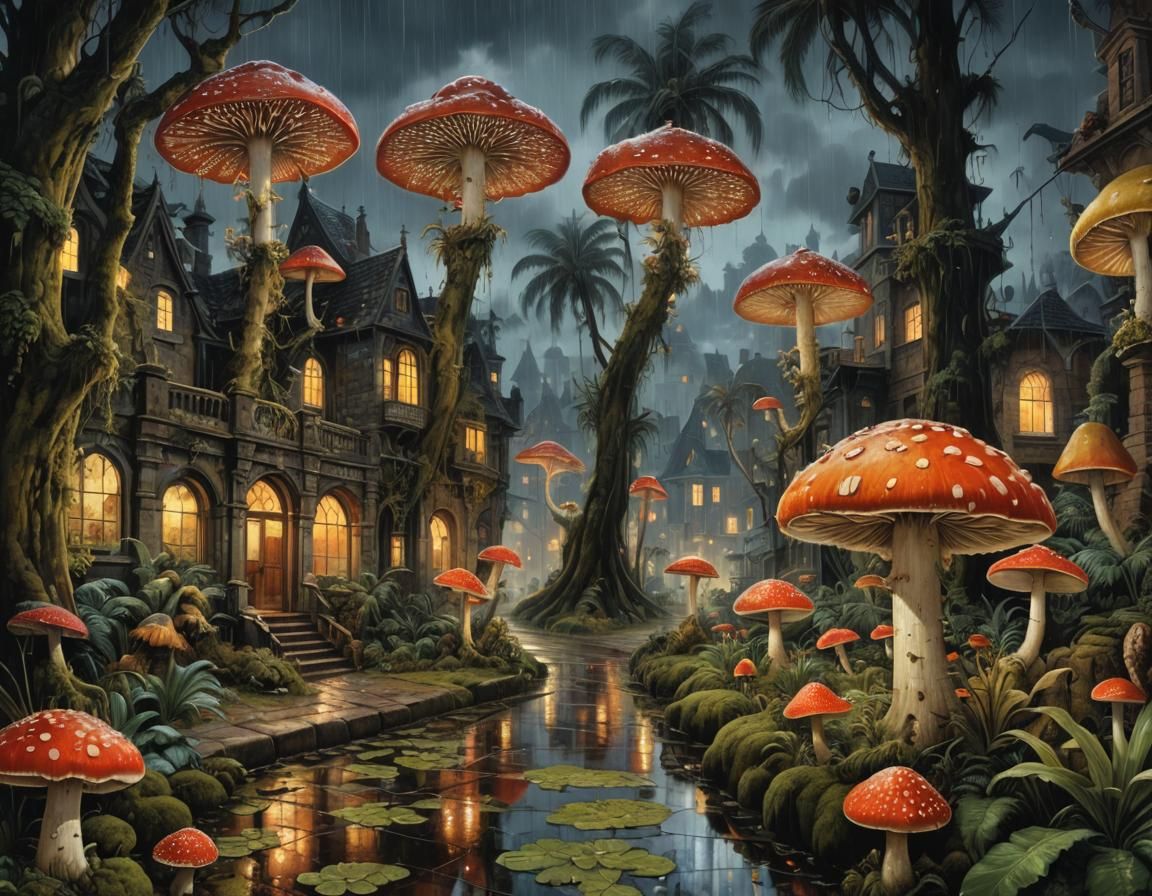 Gothic Surrealism: Night Scene with Mushrooms and Three Moon...