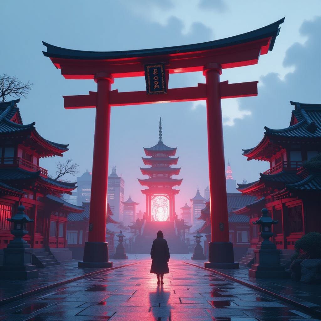 Glowing Red Torii Gate Portal to Art Nouveau City