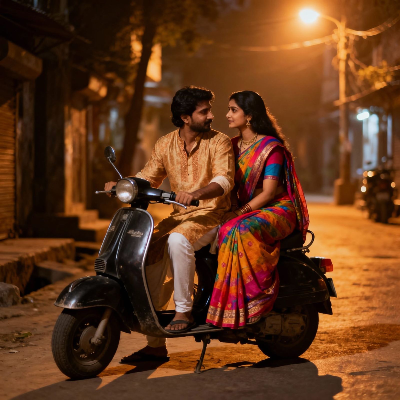 Romantic Indian Couple on Scooter Under Streetlight