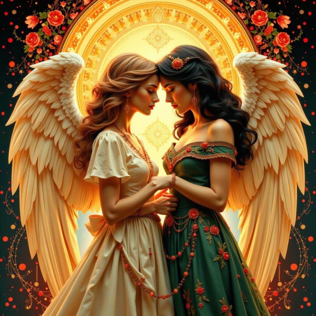 Angelic Blonde and Brunette Devil in Art Nouveau Style