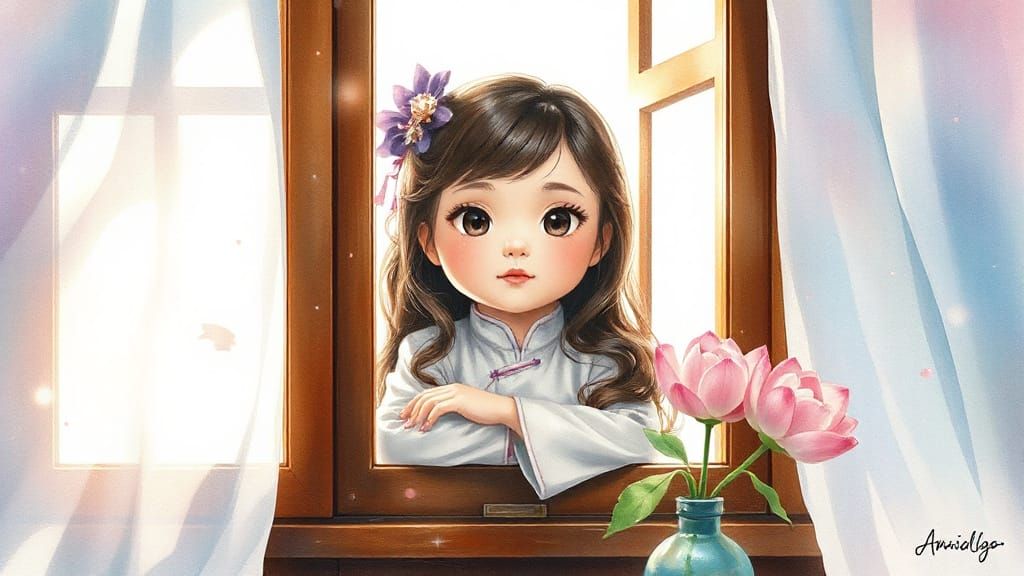 Dreamy Watercolor Chinese Girl by Window