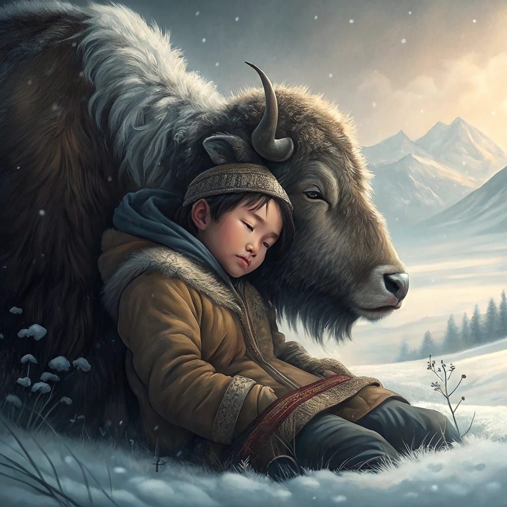 Mongolian Boy and Yak in Winter Landscape
