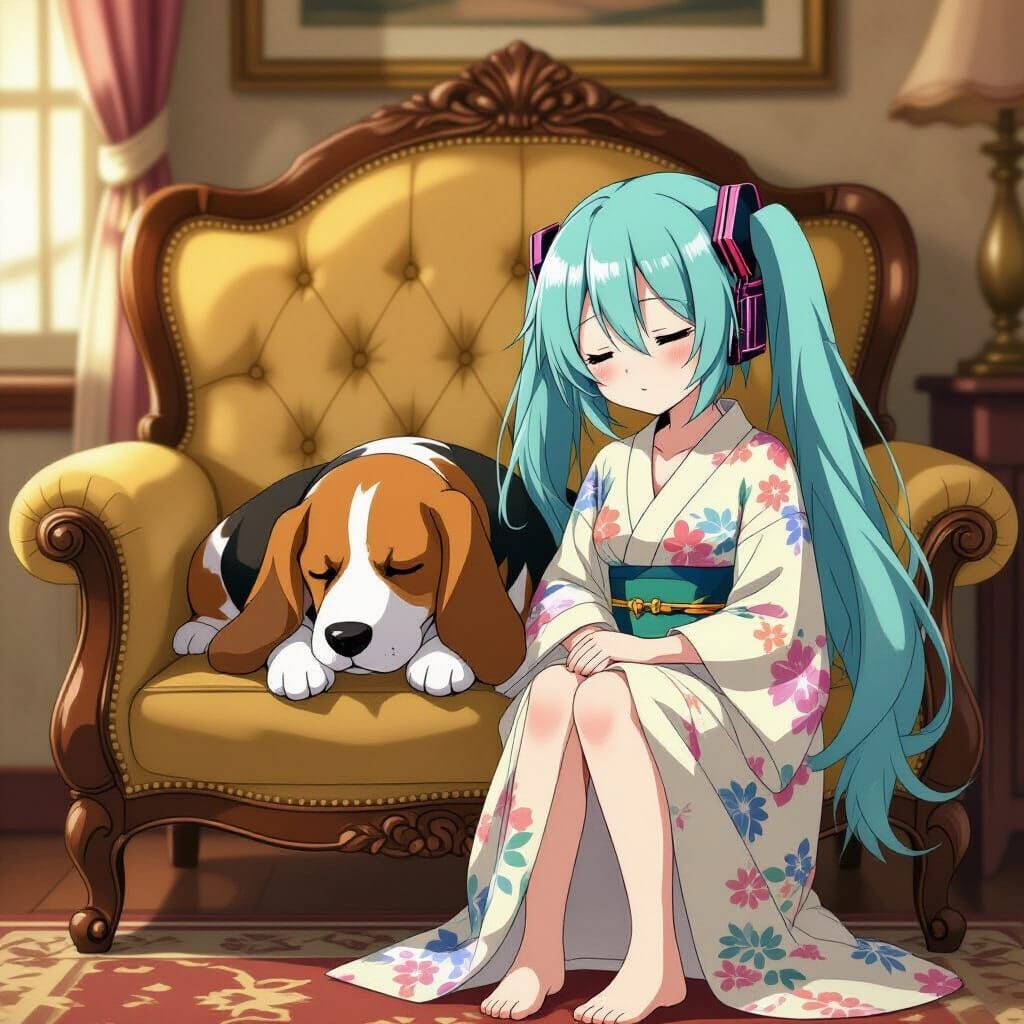 Basset Hound and Hatsune Miku in Vintage Room