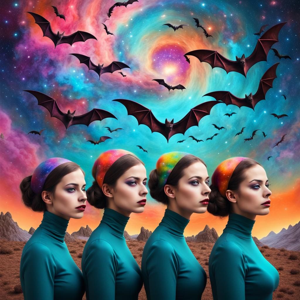 Surreal Females in Cosmic Nebula Landscape