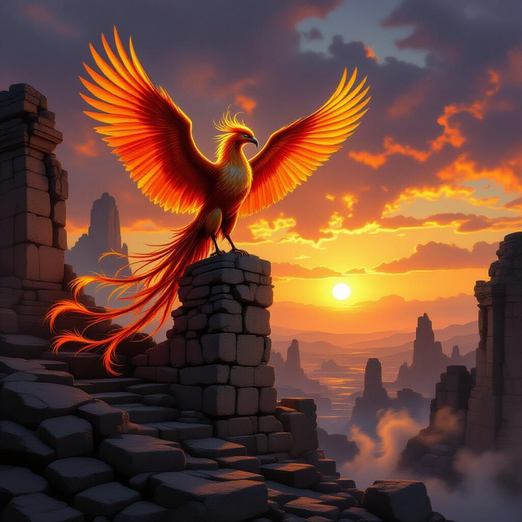 Majestic Phoenix Atop Ancient Ruins at Golden Hour