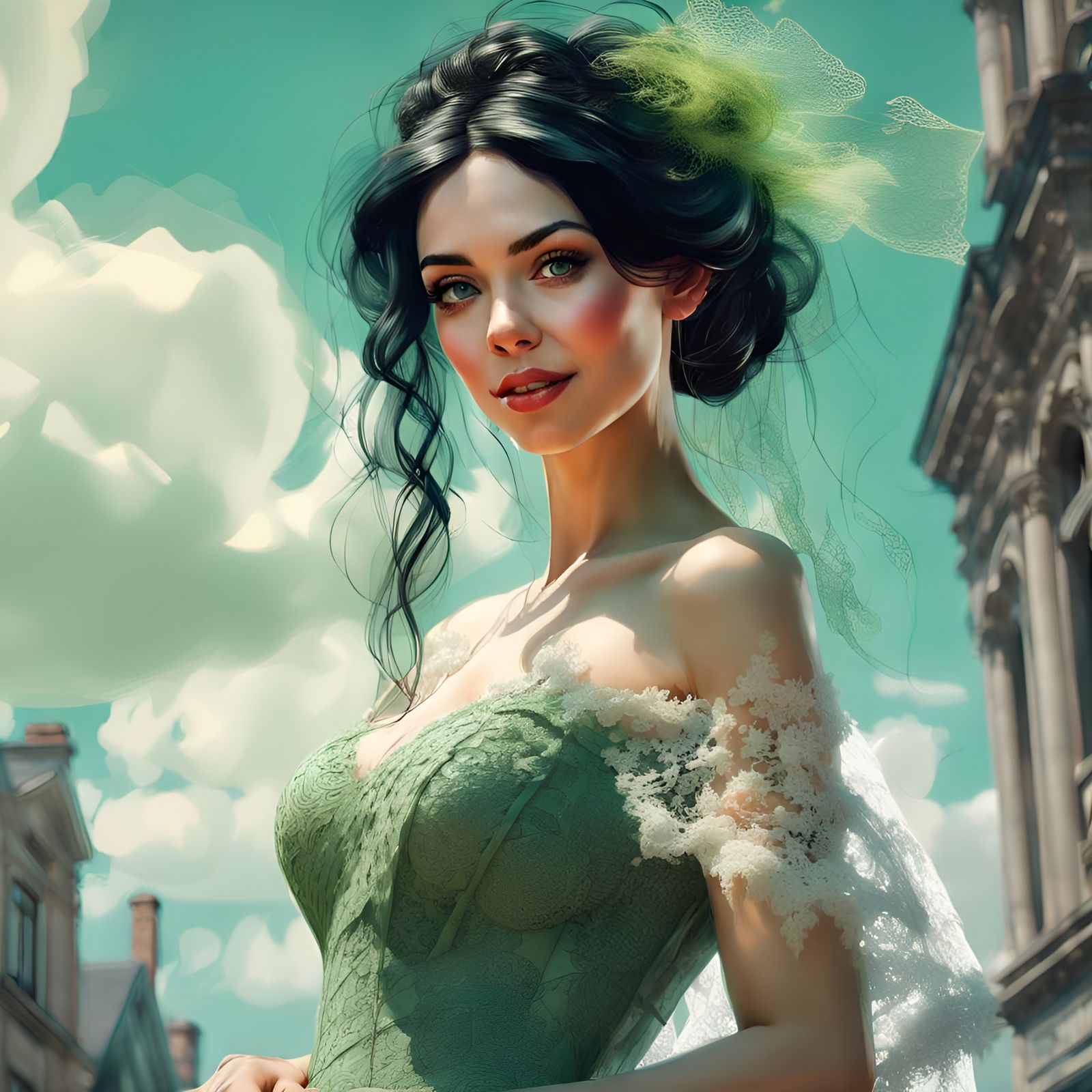 Flirty Bride in Green Dress: 3D Digital Art