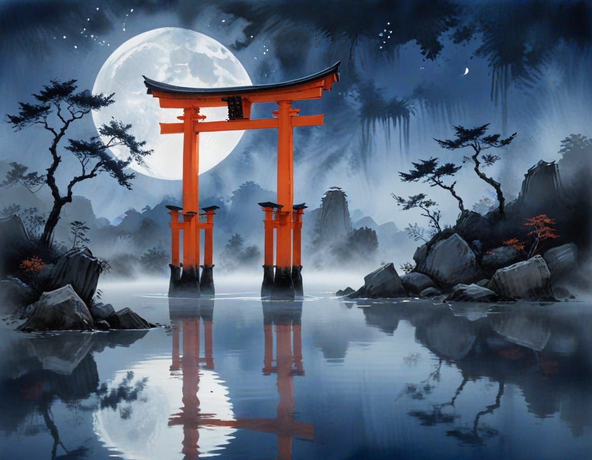 Vermilion Torii in Indigo Twilight, Sumi-e Ink Wash