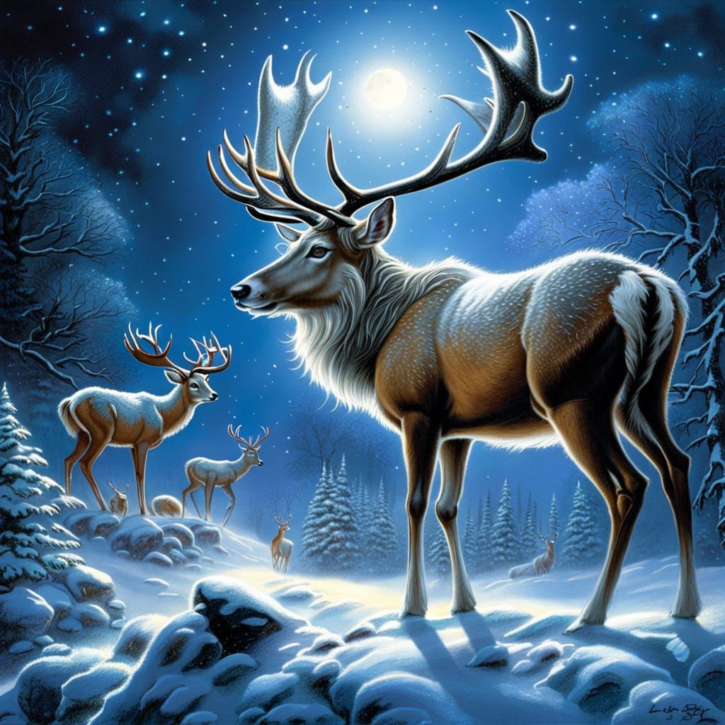Luminous Christmas Reindeer in Snowy Night