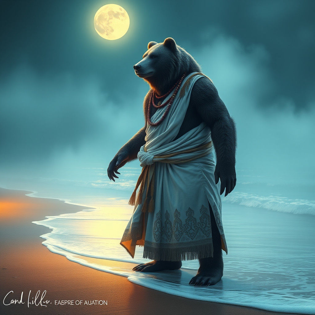 Heroic Bear-Human on Misty Beach in High-Fantasy Style